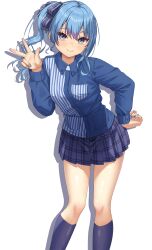 1girl absurdres blue_eyes blue_hair blue_nails blush breasts commission hand_on_own_hip highres hololive hoshimachi_suisei kneehighs leaning_forward looking_at_viewer paid_reward_available pleated_skirt satera_23 side_ponytail simple_background skeb_commission skirt small_breasts smile socks solo tachi-e virtual_youtuber w white_background 