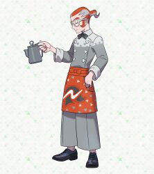  1boy apron black_bow black_bowtie bow bowtie closed_mouth collared_shirt commentary_request full_body glasses grey_pants grey_shirt grisham_(pokemon) half-closed_eyes highres holding holding_kettle kettle long_sleeves male_focus multicolored_hair official_art orange_apron orange_hair pants pokemon pokemon_legends:_z-a ponytail print_apron red_hair shirt shoes short_ponytail solo two-tone_hair waist_apron waiter white-framed_eyewear white_hair white_shirt 