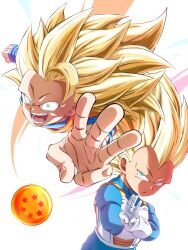  2boys armor blonde_hair blue_bodysuit blue_shirt bodysuit chibi clenched_hand closed_mouth commentary_request crossed_arms dougi dragon_ball dragon_ball_(object) dragon_ball_daima green_eyes highres long_hair male_focus multiple_boys no10hei30 no_eyebrows open_mouth orange_tunic saiyan_armor shirt simple_background son_goku spiky_hair super_saiyan super_saiyan_3 tunic vegeta white_armor white_background 