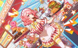  1girl apron burger cheese clothing_cutout colorful_palette dotabata_cafe_rec!!_(project_sekai) doughnut dress dutch_angle food french_fries frilled_dress frills game_cg grey_shoes hair_ornament hairclip heart highres holding holding_tray ketchup lettuce maid_headdress momoi_airi official_alternate_costume official_alternate_hairstyle official_art outline pink_eyes pink_hair project_sekai red_dress shoes shoulder_cutout solo star_(symbol) striped_clothes striped_dress thigh-highs third-party_source tomato tray waist_apron white_apron white_dress white_thighhighs 