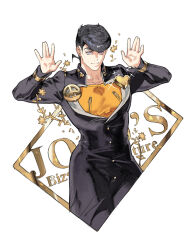  1boy black_coat black_hair closed_mouth coat commentary copyright_name cropped_legs diamond_wa_kudakenai gakuran grey_eyes hands_up heart higashikata_josuke jojo_no_kimyou_na_bouken looking_at_viewer male_focus orange_shirt peace_symbol pompadour school_uniform shirt solo starshadowmagician 