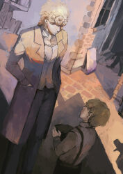  2boys aged_down alley alternate_universe blonde_hair braid brick_wall building child cleavage_cutout clothing_cutout commentary dio_brando dupisan english_commentary father_and_son giorno_giovanna hands_in_pockets highres jojo_no_kimyou_na_bouken long_sleeves male_focus medium_hair multiple_boys outdoors pants pectoral_cleavage pectorals phantom_blood shirt short_hair vento_aureo victory_rolls 