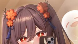 1girl blush boo_tao_(genshin_impact) brown_eyes brown_hair cellphone genshin_impact highres hu_tao_(genshin_impact) long_hair mirror_selfie phone selfie smartphone thumbnail_collage twintails yisusjpl 