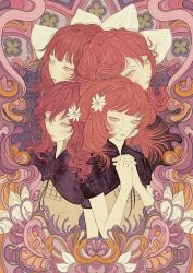  2girls abstract_background art_nouveau black_sleeves bow closed_mouth commentary cracked_skin devola dress english_commentary fishnet_cutout flower green_eyes hagushka hair_flower hair_ornament interlocked_fingers light_smile long_hair looking_at_viewer looking_to_the_side lunar_tear multiple_expressions multiple_girls multiple_views nier nier_(series) own_hands_clasped own_hands_together palms_together popola red_dress red_hair siblings sisters smile standing twins white_flower wide_sleeves 