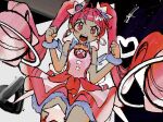  1girl angry bare_shoulders blunt_bangs blush choker clenched_hands cure_star dress earrings fur_cuffs hair_ornament highres hoop_earrings hoshina_hikaru izmi jewelry long_hair looking_at_viewer magical_girl open_mouth petticoat pink_dress pink_eyes pink_hair planet_hair_ornament precure short_dress solo standing star_(symbol) star_choker star_hair_ornament star_twinkle_precure twintails v-shaped_eyebrows very_long_hair wrist_cuffs 