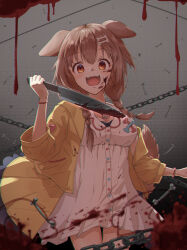  1girl absurdres animal_ears blood blood_on_clothes blood_on_face bone_hair_ornament braid brown_eyes brown_hair collar commentary_request dog_ears dog_girl dress hair_ornament highres holding holding_knife hololive inugami_korone inugami_korone_(1st_costume) jacket knife looking_at_viewer medium_hair open_mouth red_collar smile solo twin_braids u_da_desu virtual_youtuber white_dress yellow_jacket 