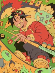  1boy backwards_hat ball baseball_cap billiard_ball black_hair card commentary dice english_commentary ethan_(pokemon) goggles green_background hat highres pichu playing_card pokemon pokemon_(creature) pokemon_adventures rathonk togepi typhlosion 