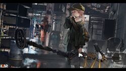  1girl 1other 3d_background absurdres artist_name baseball_cap bolt_action brown_hair cheyanne_(girls'_frontline_2) cheytac_m200 chinese_commentary closed_mouth commentary_request copyright_logo disguise disguised_weapon girls'_frontline_2:_exilium girls_frontline green_hat green_jacket gun hat highres holding indoors jacket logo looking_at_viewer m200_(girls'_frontline) obsidian117 rifle sniper_rifle twitter_username violet_eyes warehouse weapon 