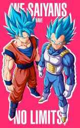  2boys absurdres armor art_jake blue_bodysuit blue_boots blue_eyes blue_hair blue_sash blue_shirt blue_wrist_cuffs bodysuit boots clenched_hands closed_mouth dougi dragon_ball dragon_ball_super english_text full_body gloves highres male_focus medium_hair multiple_boys muscular muscular_male orange_pants orange_shirt pants pink_background saiyan_armor sash shirt simple_background smirk son_goku spiky_hair standing super_saiyan super_saiyan_blue vegeta white_armor white_boots white_gloves wrist_cuffs 