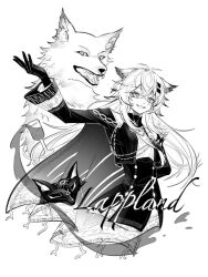  1girl animal_ears arknights arm_behind_back artist_request cape character_name chinese_commentary commentary_request commission gloves greyscale hair_between_eyes hair_ornament hairclip highres jacket lappland_(arknights) lappland_the_decadenza_(arknights) long_hair long_sleeves looking_at_viewer mask monochrome open_mouth outstretched_arm scar scar_across_eye scar_on_face second-party_source shirt smile solo unworn_mask upper_body white_background wolf wolf_ears wolf_girl wolf_mask 