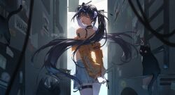  alley black_cat borrowed_character bow cat cellphone choker crop_top haewoo-b hair_bow heterochromia horns miniskirt off_shoulder orange_eyes phone purple_hair red_eyes ruthenium77's_character skirt smartphone tagme tongue tongue_out twintails 