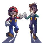  2boys blue_overalls brothers brown_footwear brown_hair clenched_hands facial_hair fist_bump full_body gloves hat highres luigi male_focus mario mario_&amp;_luigi_rpg masanori_sato_(style) multiple_boys mustache one_eye_closed overalls shadow shirt shoes siblings simple_background socks striped striped_socks super_mario_bros. tears torn_clothes walking white_background white_gloves ya_mari_6363 