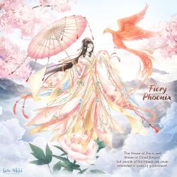  artist_request backlighting beads black_hair blue_eyes blue_sky character_name cherry_blossoms chinese_clothes circlet clouds copyright_logo day dot_nose english_text expressionless fiery_phoenix_(miracle_nikki) floating_hair flower forehead hagoromo hair_beads hair_bun hair_ornament hair_rings hair_tubes half_updo hanfu holding holding_umbrella logo long_hair long_sleeves looking_at_viewer lotus low-tied_sidelocks miracle_nikki mountain nikki_(series) official_art oil-paper_umbrella outdoors outstretched_hand parted_lips phoenix_print pink_flower pink_hanfu pink_umbrella plant print_sleeves shawl sidelocks single_hair_bun sky spring_(season) tassel tassel_hair_ornament third-party_source tree umbrella very_long_hair vines wide_sleeves wind yellow_shawl 