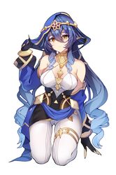 1girl bare_shoulders blue_hair blue_hood blue_sleeves breasts claw_ring drill_hair drill_locks genshin_impact gold_choker highres hood hood_up jewelry kneeling layla_(genshin_impact) long_hair looking_at_viewer neck_ring pantyhose pointy_ears sob_(submar1089) solo thighlet twin_drills twintails white_background white_pantyhose yellow_eyes