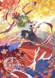  1girl arm_ribbon autumn_leaves bow commentary_request commission dress frilled_bow frills green_eyes green_hair hair_bow hair_ribbon highres jill_07km kagiyama_hina leaf long_hair looking_at_viewer maple_leaf red_bow red_dress red_ribbon ribbon skeb_commission skirt_hold smile solo touhou wading watermark 