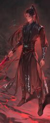  1boy absurdres backlighting beads black_background black_boots black_hanfu black_pants boots chinese_clothes closed_mouth commentary_request curtained_hair demon embers floating_hair hair_ribbon hanfu high_ponytail highres holding holding_sword holding_weapon knee_boots lava light_particles long_hair long_sleeves looking_at_viewer luo_binghe male_focus pants parted_bangs pelvic_curtain ponytail red_eyes red_light red_ribbon renzha_fanpai_zijiu_xitong ribbon side_slit silver_trim solo standing sword underground v-shaped_eyebrows vambraces very_long_hair weapon xin_mo yunchuan_1013 zuiyin 