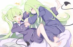  2girls barefoot bed blue_archive closed_eyes commentary_request demon_tail fang green_hair green_halo halo highres hikari_(blue_archive) long_hair long_sleeves multiple_girls nozomi_(blue_archive) open_mouth pajamas pointy_ears sakurano_rocco siblings sisters skin_fang tail twins twintails white_background 