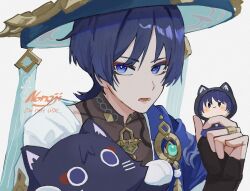  1boy animalization aqua_gem artist_name black_bridal_gauntlets black_cat blue_cape blue_eyes blue_hat blunt_ends bridal_gauntlets bright_pupils brown_bridal_gauntlets cape cat character_doll choppy_bangs commentary_request covered_collarbone doll eyeliner feathers gem genshin_impact gold gold_ring hand_up hat holding holding_stuffed_toy japanese_clothes jingasa kimono looking_at_viewer lower_teeth_only makeup male_focus mandarin_collar middle_ring nonoji_(nonoji_ekaki) open_mouth person_and_animalization pom_pom_(clothes) portrait red_eyeliner scaramouche_(cat)_(genshin_impact) scaramouche_(genshin_impact) short_sleeves shoulder_peek solo stuffed_toy teeth tsurime vision_(genshin_impact) wanderer_(genshin_impact) white_kimono white_pupils white_sleeves white_trim yellow_feathers 
