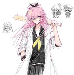  1girl 2boys alternate_costume alternate_hairstyle aubrey_(faraway)_(omori) aubrey_(omori) baseball_bat black_bow black_skirt bow closed_mouth collarbone commentary_request double-parted_bangs double_v ear_piercing hair_between_eyes hair_bow hat highres holding holding_baseball_bat kel_(faraway)_(omori) kel_(omori) long_hair long_sleeves looking_at_viewer multiple_boys nail_(hardware) nail_bat neckerchief omori piercing pleated_skirt ponytail salt_xs2 short_sleeves simple_background sketch skirt sunny_(omori) v white_background yellow_neckerchief 