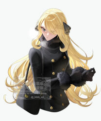  1girl bag black_coat black_gloves blonde_hair blush breath buttons closed_mouth coat cropped_torso cynthia_(pokemon) fur-trimmed_sleeves fur_collar fur_trim gloves grey_eyes hair_over_one_eye long_hair long_sleeves pokemon pokemon_dppt sakaralalala shoulder_bag simple_background solo winter_clothes winter_coat 
