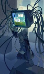  1girl alternate_costume aqua_necktie black_arm_warmers black_skirt bliss_(image) boots commentary crt error_message feet_out_of_frame from_side grey_shirt hair_vines hatsune_miku highres k2s knee_boots microsoft_windows miniskirt monitor necktie number_tattoo object_head overgrown plant screen_light shirt skirt sleeveless sleeveless_shirt solo static symbol-only_commentary tattoo thighs vines vocaloid windows_xp 