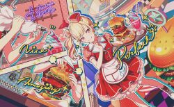  1girl :q apron blonde_hair blush burger checkered_floor cheese cherry colorful_palette cream dotabata_cafe_rec!!_(project_sekai) dress drinking_straw english_text food foot_out_of_frame fruit game_cg hat highres holding holding_pastry_bag holding_tray ice_cream lettuce milkshake multicolored_hair neon_lights official_alternate_costume official_alternate_hairstyle official_art outline pastry_bag pink_hair project_sekai puffy_short_sleeves puffy_sleeves red_dress red_eyes red_hat shoes short_sleeves side_ponytail soft_serve star_(symbol) streaked_hair tenma_saki third-party_source tomato tongue tongue_out tray two-tone_hair waist_apron white_apron white_outline white_shoes 