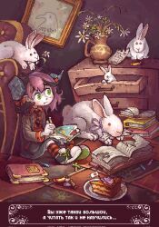  1girl animal black_hair black_necktie book bow brown_jacket cabinet cake candy checkered_floor closed_mouth collared_shirt colored_skin corrupted_twitter_file couch crayon crea_flankenstein eating_paper expressionless flag flower food funamusea green_eyes green_shoes hair_bow highres holding holding_book holding_pencil indoors jacket japanese_flag multicolored_hair necktie object_through_head on_floor painting_(object) paper pencil pink_hair pocket rabbit red_bow red_shirt red_socks ribbon russian_text screw_in_head shirt shoes short_hair sitting socks stitched_face stitches striped_clothes striped_socks translation_request vase white_flower white_skin woooh writing zombie 