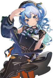  1girl absurdres belt beret black_hat blue_eyes blue_hair blush buttons chinese_commentary choker commentary_request dress green_ribbon hair_between_eyes hair_ornament hat highres hololive hoshimachi_suisei hoshimachi_suisei_(casual) jacket jewelry lace lace_sleeves lace_trim long_hair long_sleeves looking_at_viewer neck_ribbon oeuia official_alternate_costume official_alternate_hairstyle orange_pantyhose pantyhose quilted_jacket ribbon ring side_ponytail smile solo standing star_(symbol) star_in_eye symbol_in_eye virtual_youtuber white_background 