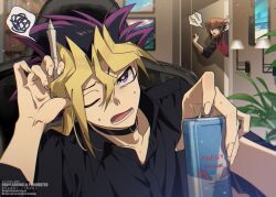  2boys apple black_choker black_hair black_shirt blonde_hair blurry blurry_background brown_eyes brown_hair can choker commentary_request drink_can energy_drink food fruit highres holding holding_stylus in-franchise_crossover indoors male_focus multicolored_hair multiple_boys muto_yugi one_eye_closed purple_hair red_bull shirt short_hair solo_focus spiky_hair stylus sweat upper_body violet_eyes yoshio_296 yu-gi-oh! yu-gi-oh!_duel_monsters yu-gi-oh!_gx yuki_judai 