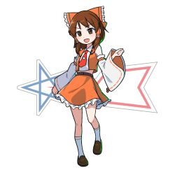  1girl :d absurdres adapted_costume badge bare_shoulders belt blush bow breasts brown_eyes brown_hair brown_shoes buttons clenched_hands coat collared_shirt commentary crop_top detached_sleeves dot_nose frilled_bow frilled_hair_tubes frilled_skirt frills full_body grey_belt hair_bow hair_tubes hakurei_reimu hand_up highres insignia kneehighs loafers logo logo_background looking_at_viewer medium_hair midriff_peek miniskirt necktie nontraditional_miko open_mouth orange_bow orange_coat orange_ribbon orange_skirt red_necktie ribbon ribbon-trimmed_sleeves ribbon_trim science_special_search_party_uniform shirt shoes sidelocks simple_background skirt sleeveless sleeveless_coat sleeveless_shirt smile socks solo standing striped_clothes striped_socks teeth tokusatsu touhou ultra_series ultraman_(1st_series) upper_teeth_only user_cftx2524 v-shaped_eyebrows white_background white_sleeves white_socks wide_sleeves 
