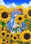  1girl :d blue_hair blue_sky blunt_bangs blush bow closed_eyes clouds commentary_request contrail cowboy_shot day dress facing_viewer flower furude_rika hair_between_eyes hat hat_bow highres higurashi_no_naku_koro_ni holding holding_flower long_bangs long_hair open_mouth outdoors red_bow short_sleeves sidelocks sky smile solo straight-on straw_hat sunflower tsurime_suki very_long_hair white_dress yellow_flower 