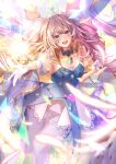  1girl absurdres blue_dress blue_eyes blue_gemstone blue_thighhighs breasts dress fate/grand_order fate_(series) feathers frills gem gloves grey_hair highres jewelry marie_antoinette_(fate) marie_antoinette_(swimsuit_caster)_(crystal_dress)_(fate) necklace open_mouth ringlets solo thigh-highs totomiya white_gloves 