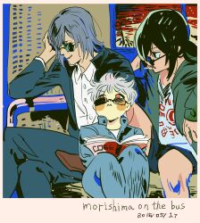  3boys absurdres annoyed bare_legs black_hair black_pants black_shorts black_suit blue_jacket blue_pants blunt_bangs book bus_interior business_suit buttons character_request collared_jacket collared_shirt copyright_request crossed_legs dated dress_pants dress_shirt english_text feet_out_of_frame green_jacket grey_hair hand_on_own_head height_difference high_collar highres hood hood_down hooded_jacket indoors jacket knee_up knees layered_sleeves long_sleeves looking_at_another male_focus multiple_boys nengo on_bench open_book open_clothes open_jacket orange_eyes pants parted_lips pointy_nose print_shirt reading shirt short_hair shorts sitting smirk smug suit sun_print upturned_eyes v-shaped_eyebrows wavy_mouth white_shirt window 