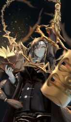  1girl absurdres animal_ears arknights arm_up black_nails book breasts brown_hair chain closed_mouth commentary_request etobane from_below hair_between_eyes hammer highres holding holding_book jacket jewelry large_breasts long_hair long_sleeves looking_at_viewer mole mole_above_eye open_book parted_hair penance_(arknights) ring side_part skirt solo tail thigh-highs wolf_ears wolf_girl wolf_tail yellow_eyes 