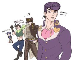  4boys battle_tendency blue_hair chain crop_top diamond_wa_kudakenai gakuran hands_in_pockets hat higashikata_josuke jojo_no_kimyou_na_bouken jonathan_joestar joseph_joestar joseph_joestar_(young) kujo_jotaro lanxjourney long_coat midriff multiple_boys phantom_blood purple_hair scarf school_uniform stardust_crusaders striped striped_scarf translation_request violet_eyes 