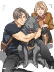  1boy 1girl :d animal_hug ashley_graham black_pants blonde_hair blue_eyes closed_eyes dog fingerless_gloves gloves holster hug leon_s._kennedy pants resident_evil resident_evil_4 resident_evil_4_(remake) short_hair smile tatsumi_(psmhbpiuczn) 