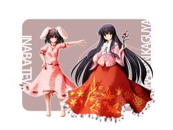  2girls animal_ears arm_up barefoot black_hair blush bow bow_button branch brown_eyes carrot_necklace character_name closed_mouth commentary_request dress feet floral_print floral_print_dress floral_print_skirt frilled_shirt_collar frilled_skirt frills full_body hand_on_own_chest hand_up highres holding holding_branch houraisan_kaguya inaba_tewi jeweled_branch_of_hourai jewelry kii_(mahoraba) long_hair long_skirt long_sleeves looking_at_viewer multiple_girls necklace outline outstretched_arm pink_dress pink_pupils pink_shirt print_dress print_skirt rabbit_ears red_eyes red_ribbon red_skirt ribbon ribbon-trimmed_sleeves ribbon_trim shirt short_hair short_sleeves skirt sleeve_ribbon smile standing touhou very_long_hair white_background white_bow white_outline wide_sleeves 