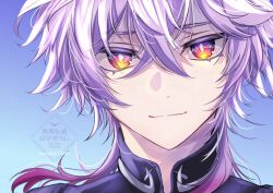  1boy black_shirt blue_background bright_pupils closed_mouth colored_eyelashes commentary crossed_bangs diamond-shaped_pupils diamond_(shape) durin_(genshin_impact) genshin_impact hair_between_eyes highres looking_at_viewer male_focus medium_hair necoco112061 portrait purple_hair red_eyes shirt smile solo symbol-shaped_pupils twitter_username watermark white_pupils 