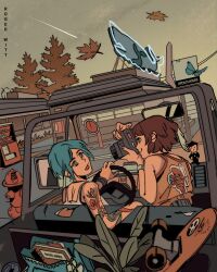  2girls arm_tattoo artist_name backpack bag bare_shoulders blue_bag blue_butterfly blue_eyes blue_hair bobblehead brown_hair bug butterfly camera camisole car_interior chloe_price closed_mouth driving falling_leaves fire_hydrant hashtag-only_commentary holding holding_camera leaf life_is_strange_(series) life_is_strange_1 looking_at_another max_caulfield multiple_girls neon_sign open_mouth orange_tank_top outdoors parted_bangs plant rogerwitt short_hair skateboard smile taking_picture tank_top tattoo vending_machine white_camisole 