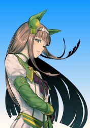  1girl animal_ears black_bow black_gloves blue_eyes blunt_bangs blush bow brooch commentary_request ear_covers gloves green_eyes green_sailor_collar green_sleeves hair_ornament hairband highres hime_cut horse_ears horse_girl jewelry long_hair long_sleeves oki_(koi0koi) orange_hair parted_lips sailor_collar shirt silence_suzuka_(innocent_silence)_(umamusume) silence_suzuka_(umamusume) skirt smile solo umamusume upper_body white_hairband white_shirt white_skirt 