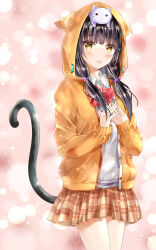  1girl :d absurdres animal_on_head asakura_karen_(heaven_burns_red) ayaro_(genkiloobaii) black_hair blunt_bangs blush bow bowtie brown_skirt cat cat_on_head cat_tail collared_shirt commentary cowboy_shot eyelashes eyes_visible_through_hair grey_sweater_vest hair_bobbles hair_ornament hands_up heaven_burns_red highres hood hood_up hoodie long_hair looking_at_viewer low_twintails miniskirt on_head open_clothes open_hoodie open_mouth orange_hoodie own_hands_together pink_background plaid_clothes plaid_skirt pleated_skirt red_bow red_bowtie shirt simple_background skirt sleeves_past_wrists smile solo steepled_fingers sweater_vest tail tail_raised teeth twintails upper_teeth_only white_cat white_shirt yellow_eyes 