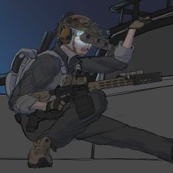  1girl absurdres aimpoint ammunition_pouch ar-15 assault_rifle body_armor boots bulletproof_vest combat_helmet drum_magazine ear_protection fast_helmet flashlight gloves grey_hair gun handgun helmet highres holding holding_gun holding_weapon holster lauging_man_(shun_a_t_i_o) load_bearing_equipment load_bearing_vest magazine_(weapon) military_combat_uniform military_operator military_uniform night_vision_device optical_sight original pouch rifle sleeves_rolled_up squatting suppressor tactical_clothes trigger_discipline weapon 