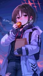  1girl backpack bag bandaged_neck bandages barbell_piercing black_hoodie black_mask black_pants blue_archive blush bread bread_slice breath brown_hair closed_mouth cold commentary cowboy_shot ear_blush ear_piercing food fried_egg fried_egg_on_toast halo highres holding holding_bag holding_food hood hooded_jacket hoodie industrial_piercing jacket long_sleeves looking_at_viewer mask mask_pull misaki_(blue_archive) mouth_mask nose_blush pants paper_bag piercing pixel_art red_eyes red_halo short_hair sick sleeves_past_wrists solo surgical_mask tinia_etru toast torn_clothes torn_pants white_jacket 