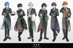  6+boys adjusting_clothes adjusting_gloves ahoge amayume_remu animal_print arkhe belt belt_buckle biting biting_glove black_belt black_boots black_border black_choker black_coat black_gloves black_hair black_hat black_necktie black_pants black_shoes black_shorts black_skirt black_suit black_vest blue_coat blue_hair bolo_tie boots border brooch brown_pantyhose buckle butler cat_o-ring charlo_(chrono_reverse) choker chrono_reverse closed_mouth coat collar_chain_(jewelry) colored_inner_hair commentary_request contrast_lapels copyright_notice cross_tie cup curtained_hair earrings full_body gloves gold_trim green_coat green_eyes green_hair grey_eyes grey_vest grin gun hair_between_eyes hair_ornament hairclip hand_on_own_elbow hand_on_own_hip hand_on_own_stomach hand_up handgun hands_on_own_hips hat hat_ornament holding holding_tray holster jewelry kaname_(chrono_reverse) key key_necklace knee_boots lace-up_boots lapel_pin lapels letterboxed lineup long_sleeves looking_at_viewer male_focus medium_hair mismatched_earrings monk_shoes mullet multicolored_hair multiple_boys necklace necktie notched_lapels o-ring o-ring_thigh_strap official_art one_eye_closed open_clothes open_coat orange_coat orange_eyes orange_hair orange_vest oxfords panj_(tsubaki_panse) pants pantyhose parted_lips patterned_hair pink_coat pink_hair pocket_square pocket_watch purple_coat purple_hair red_coat red_pupils sample_watermark shino_(chrono_reverse) shirt shoes short_hair shorts shorts_under_skirt simple_background skirt sleeve_cuffs smile standing streaked_hair striped_coat stud_earrings suit tailcoat teacup teapot thigh_belt thigh_holster thigh_strap tiger_print towel towel_on_arm tray trilby tuxedo_shirt two-sided_coat two-sided_fabric urumiya v-shaped_eyebrows vest violet_eyes wallet_chain watch watermark weapon white_background white_gloves white_hair white_shirt wingtip_collar x_hair_ornament yellow_eyes 