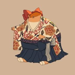  animal armadillo black_eyes brown_background clothed_animal commentary_request floral_print floral_print_kimono full_body hakama japanese_clothes john_(kyuuketsuki_sugu_shinu) kimono kyuuketsuki_sugu_shinu no_humans print_kimono simple_background sitting solo tnaym 
