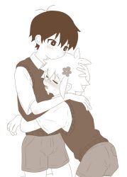  2boys antenna_hair basil_(omori) black_eyes black_hair black_sweater_vest blonde_hair blush bright_pupils brown_shorts collared_shirt colored_skin double-parted_bangs flower flower_on_head hair_behind_ear hand_on_another's_waist hands_on_another's_head highres hug kneeling monochrome multiple_boys omori saji_neko shirt shorts sunny_(omori) sweater_vest white_background white_pupils white_shirt white_skin 