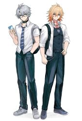  2boys antenna_hair arm_tattoo backpack bag belt black_bag black_belt black_choker black_pants blonde_hair blue_eyes blue_necktie braid chest_tattoo choker chrysos_heirs_school_uniform collared_shirt commentary_request facial_tattoo glasses gradient_hair hand_in_pocket highres holding holding_phone honkai:_star_rail honkai_(series) male_focus medium_hair multicolored_hair multiple_boys mydei_(honkai:_star_rail) neck_tattoo necktie official_alternate_costume pants parted_bangs phainon_(honkai:_star_rail) phone red_hair red_tattoo school_uniform shirt short_hair short_sleeves side_braid simple_background sleeves_rolled_up st_mf striped_clothes striped_necktie tachi-e tattoo two-tone_necktie white_background white_hair white_necktie white_shirt yellow_eyes 