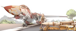  absurdres aircraft airplane alternate_costume bow bush character_name commentary_request day f-14_tomcat fighter_jet flight_suit fujiwara_no_mokou gloves grey_gloves hair_bow helmet highres holding holding_unworn_helmet long_hair long_sleeves looking_at_viewer military military_vehicle missile mountain outdoors pilot pzgr.40 red_eyes runway sky standing touhou tree unworn_headwear unworn_helmet white_hair white_sky 