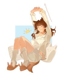  1girl :3 absurdres animal_ears animal_slippers arms_up arrow_(symbol) blue_background border brown_hair brown_slippers bunny_slippers closed_eyes closed_mouth cocoa_(shinyshynii) commentary english_commentary floating_hair frilled_shirt frills hair_intakes highres knees_together_feet_apart knees_up long_hair long_sleeves mole mole_under_eye original pajamas rabbit-shaped_pillow shinyshynii shirt sidelighting simple_background sitting skirt slippers smile socks solo stretching sun swept_bangs tail v-shaped_eyebrows waking_up white_border white_shirt white_skirt white_socks wolf_ears wolf_girl wolf_tail 