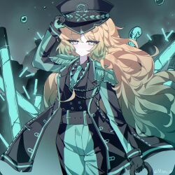  1girl aqua_eyes aqua_hair aqua_necktie aqua_pants aqua_trim belt black_belt black_coat black_gloves black_hat black_vest blind_obsession_(e.g.o) coat commentary crack cracked_glass e.g.o_(project_moon) fluorescent_lamp gloves gradient_hair hat highres ishmael_(project_moon) lapels limbus_company long_hair miwu_108 multicolored_gloves multicolored_hair necktie notched_lapels orange_hair pants project_moon solo symbol-only_commentary two-tone_gloves very_long_hair vest 